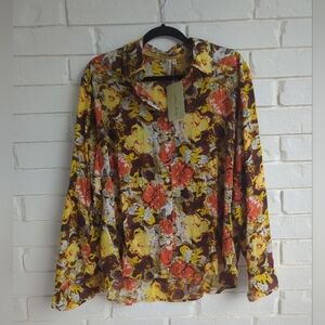 Cotton Daisy Button Down Shirt Lightweight roll tab sleeves Hipster Size XL New